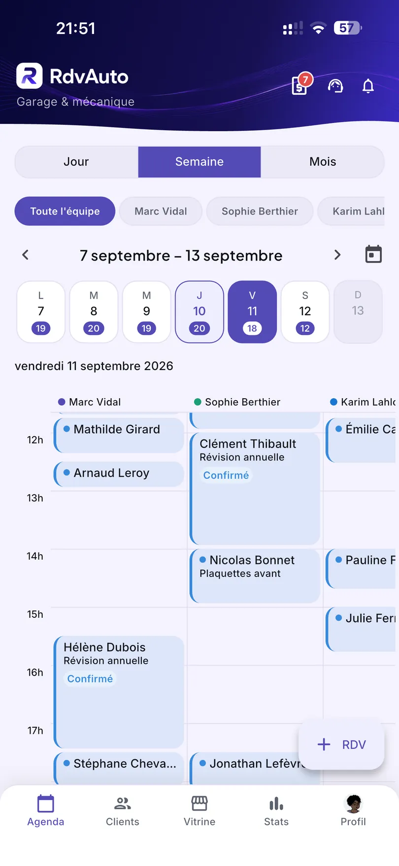 Le même agenda en vue Semaine, du 7 au 13 septembre : chaque jour porte son nombre de rendez-vous, et le vendredi sélectionné se détaille mécanicien par mécanicien.
