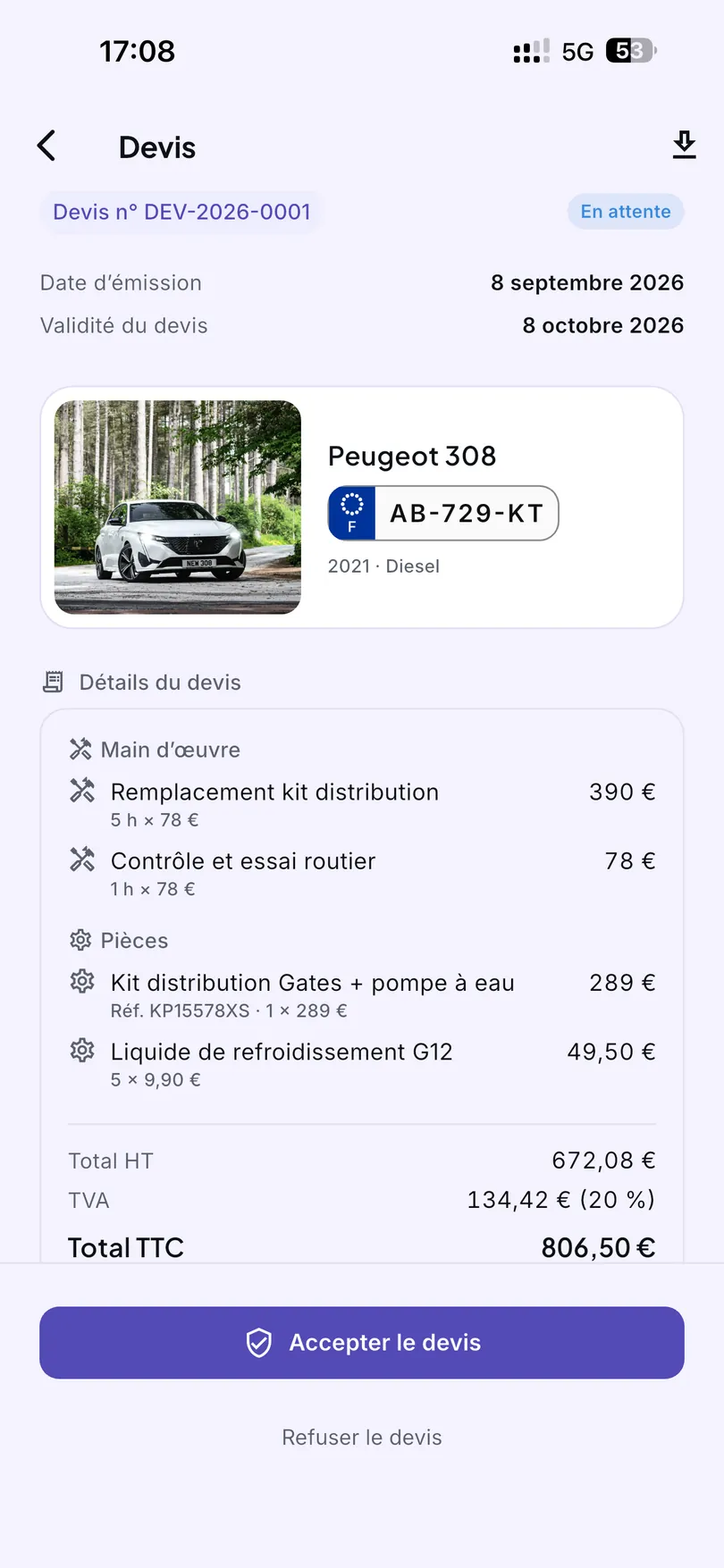Devis reçu par un automobiliste pour le remplacement d’un kit de distribution : main d’œuvre et pièces détaillées ligne par ligne, avec leurs références, puis « accepter le devis » et « refuser le devis ».